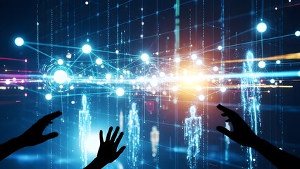 Immersive digital future with human interaction, showcasing an abstract global communication network and advanced technology background