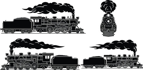 Vintage Steam Locomotive Silhouette Collection With Classic Train Engine Side And Front Views Black Vector Illustration Set © Sharon 