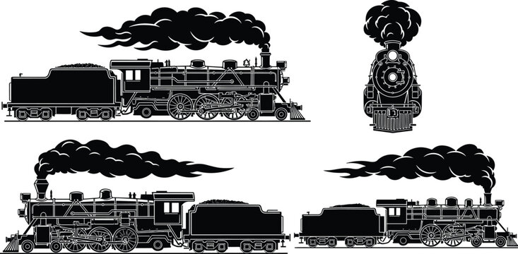 Vintage Steam Locomotive Silhouette Collection With Classic Train Engine Side And Front Views Black Vector Illustration Set