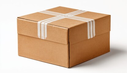 Isolated Brown Cardboard Box Sealed with White Packing Tape, Ready for Shipping, Delivery, and E-commerce.