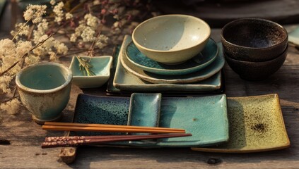 Assorted ceramic dishes on a wooden surface