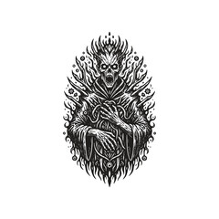 Grim dark fantasy engraving of a powerful lich king spirit with a skeletal crown, surrounded by mystical flames and arcane energy symbols.