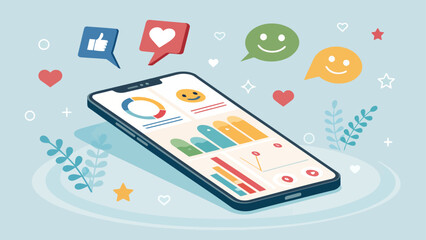 Vibrant smartphone screen displays social media engagement metrics and emoticons