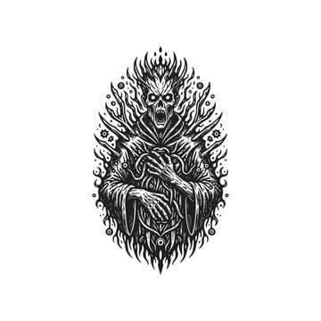 Grim dark fantasy engraving of a powerful lich king spirit with a skeletal crown, surrounded by mystical flames and arcane energy symbols.