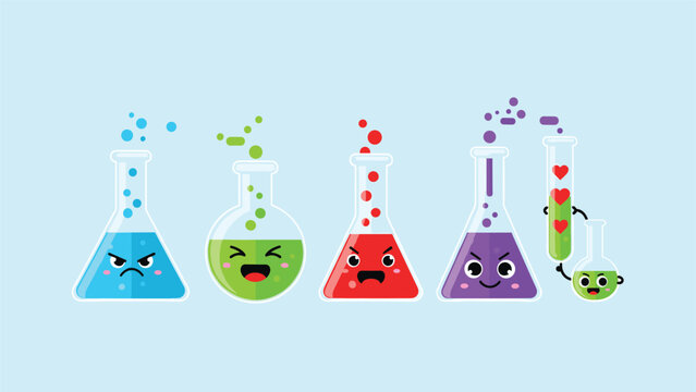 A cute and colorful set of cartoon chemistry flasks and test tubes with expressive kawaii faces showing different emotions and reactions.