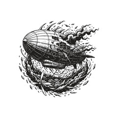 Dramatic dark fantasy engraving of a massive steampunk zeppelin crashing in flames, surrounded by smoke, debris, and mystical energy.