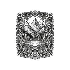 Stunning dark fantasy engraving of a majestic mountain landscape and pine forest reflected in a calm lake, framed by an ornate floral border.