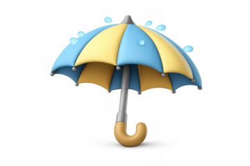 Bright yellow and blue umbrella icon with glowing raindrops for weather design