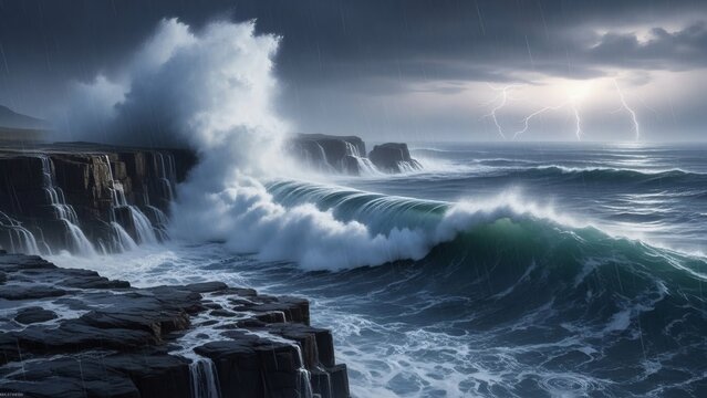 Raging sea storm with waves crashing against rocky coast - Powered by Adobe