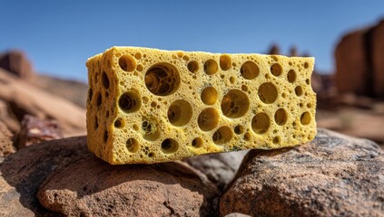 A bright yellow sponge block rests on rocks