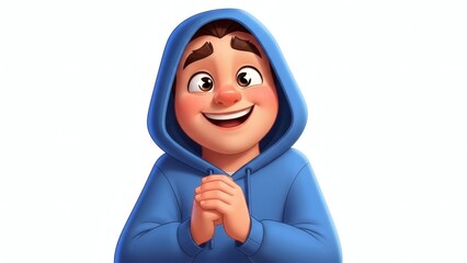 Happy cartoon character with hoodie and hands together