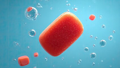 Orange soap floating in water with bubbles