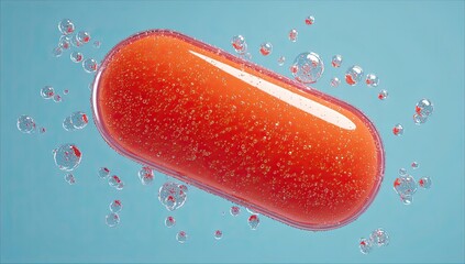 Floating orange pill, water droplets