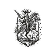 Grim dark fantasy engraving of an undead cowboy skeleton riding a horse through a desert, wielding a revolver amidst mystical energy sparks.