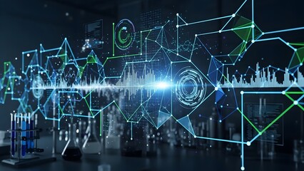 A futuristic laboratory scene with glowing digital data interfaces and scientific equipment.