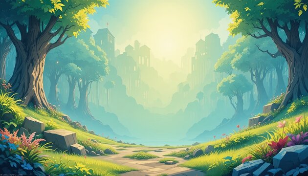Mystical forest path leading to ancient castle in distance with vibrant greenery and colorful flowers