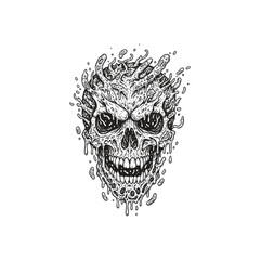 Grim dark fantasy engraving of a decaying skeletal skull melting into a viscous liquid, featuring intricate organic textures and splattered droplets.