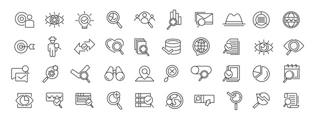 Search line icon set. Magnifying glass, seo, website, business, optimation, sign,loupe, revision, inspector, monitoring, analysis line icon set. UI thin line icon pack.