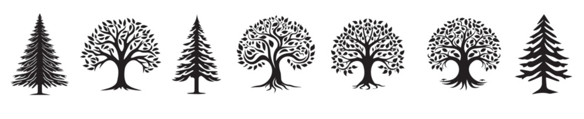 Set of black silhouettes of deciduous and coniferous trees in various styles isolated on a white background. Concept of nature, tree illustration, forest elements, and botanical design © Aishi