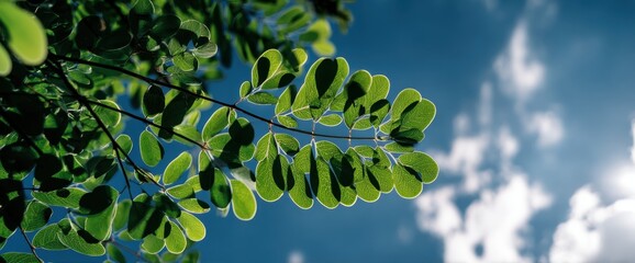 Vibrant Green Leaves Backlit by Sun, Glistening Against a Bright Blue Sky with Soft Clouds.
