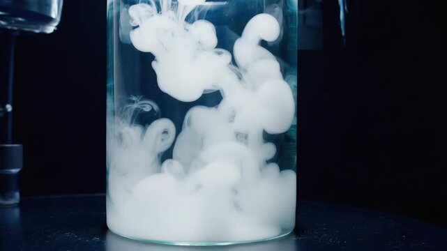 Dramatic Smoke Cloud in Glass Box on glass of water on blue background