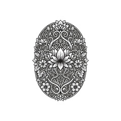 Ornate dark fantasy engraving of a blooming lotus flower, surrounded by symmetrical vines and intricate floral patterns in an oval frame.