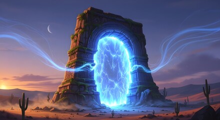 Ancient Gateway Portal in Desert Landscape with Blue Energy