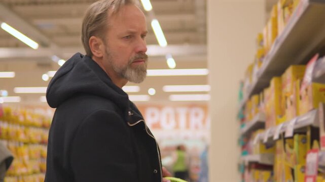 A handsome middle-aged man browses products in a supermarket, occasionally puts some into the basket