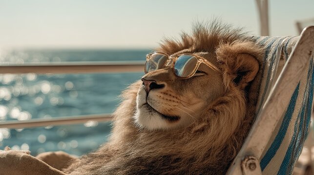 A lion in sunglasses sunbathes on a sun lounger against the backdrop of the sea - Powered by Adobe