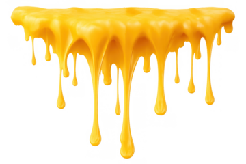 Dripping yellow liquid sauce flowing, melting, and falling with glossy texture, isolated on transparent background