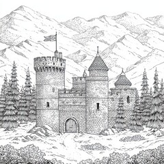 Detailed Monochrome Medieval Castle Fortress in Majestic Snowy Mountains, Hand-Drawn Line Art.