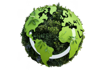 Green globe illustration featuring lush foliage and plant life, symbolizing environmental sustainability and eco-friendliness, showcasing nature's beauty and harmony with Earth png format