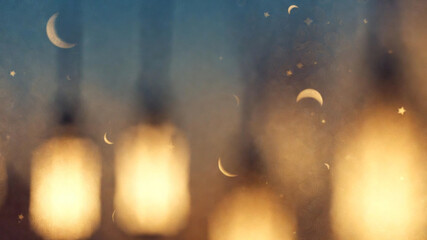 Abstract blurred background with warm glowing lantern light and blue circular patterns for Ramadan Kareem or spiritual festive atmosphere