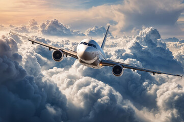 Commercial jet soaring through dramatic sunlit clouds at high altitude - a majestic airliner cutting through billowing cloudscape for travel and aviation