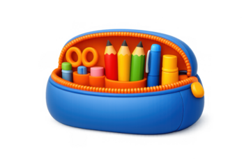 Colorful pencil case with pencils, markers, and scissors on gradient background for school supplies design