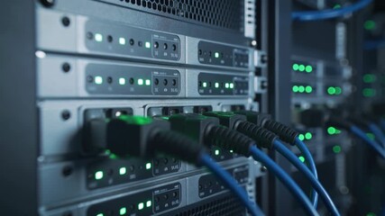 Close up of network server rack with blinking green LED lights and blue ethernet cables in a data center, cloud computing and information technology infrastructure for big data storage - Powered by Adobe