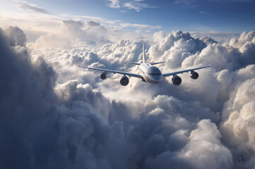 Commercial jet soaring through dramatic sunlit clouds at high altitude, a majestic inflight view of modern aviation above a sea of cumulus