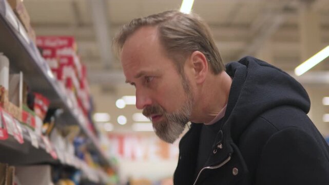 A handsome middle-aged man takes a pack of nuts in a supermarket