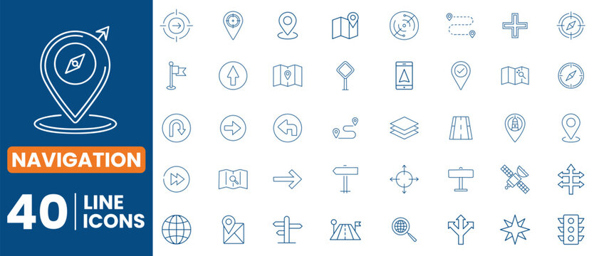 A sleek navigation icon set in minimalist line style with editable stroke, designed for seamless integration into maps, mobile apps, dashboards, and location-based interfaces.