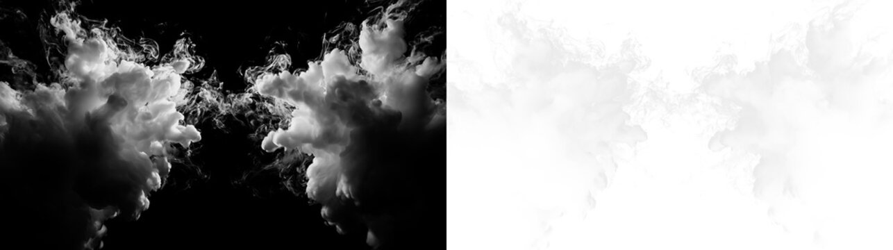 Thick clouds rise and billow in two parts on a transparent background during a dark and light contrast scene