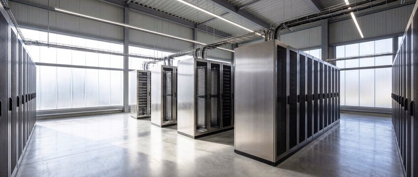 Bright modern data center interior with rows of server racks and network cabinets, clean industrial facility for cloud computing, storage, and cybersecurity, no people.