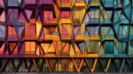 Modern building facade with colorful geometric glass panels