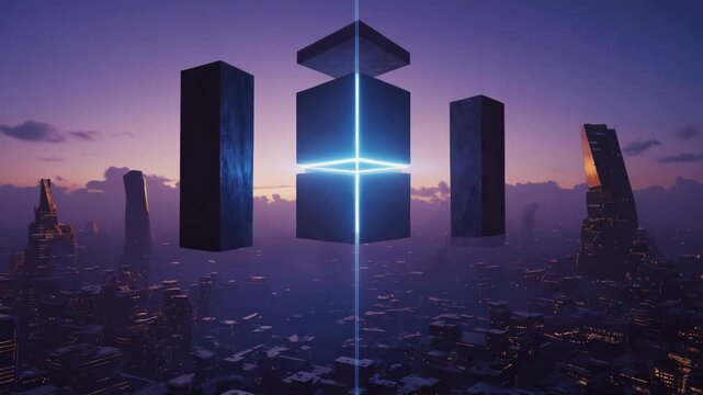 Minimal skyscraper blocks floating above clouds in blue sky