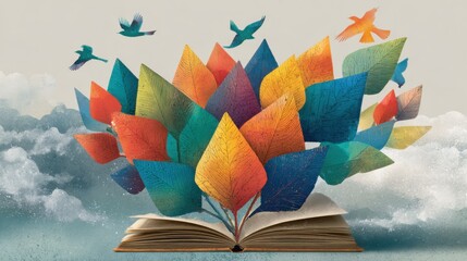 Open book with colorful leaves and birds flying