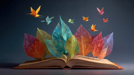 Open book with colorful origami birds flying