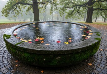 Ancient stone basin collects rainwater and fallen autumn foliage in a misty park setting