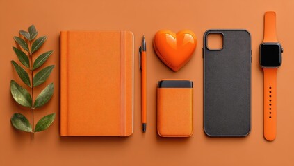 Flat lay of orange tech accessories