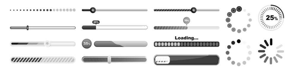 Obraz premium Set of vector loading icons, loading bar progress and status, download and upload indicators, simple web interface elements, vector illustration on transparent background