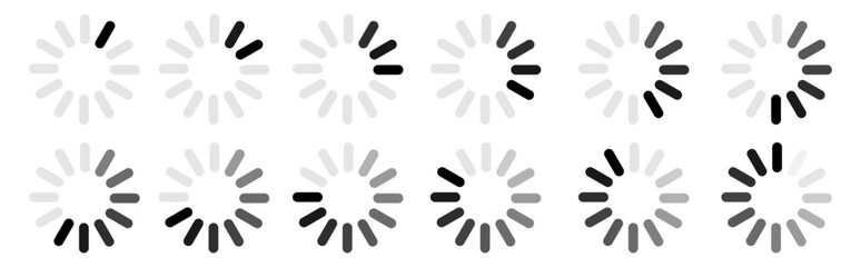 Fototapeta premium Set of vector loading icons, progress bars and status indicators for web interface, download and upload elements, clean UI collection on transparent background