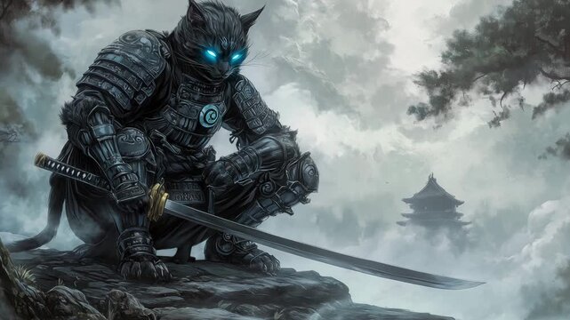 A cat dressed in samurai armor sits on a rock holding a sword while staring at an asian temple in the mist